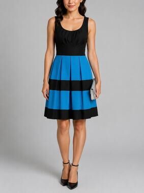 Spense Petite Dress 2P Black Turquoise Pleated Fit Flare Sleeveless